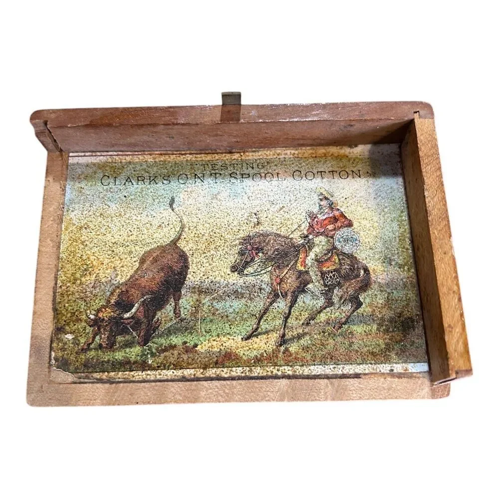 Antique Wood Box Clarks ONT Spool Cotton Advertising Piece Roping Cowboy